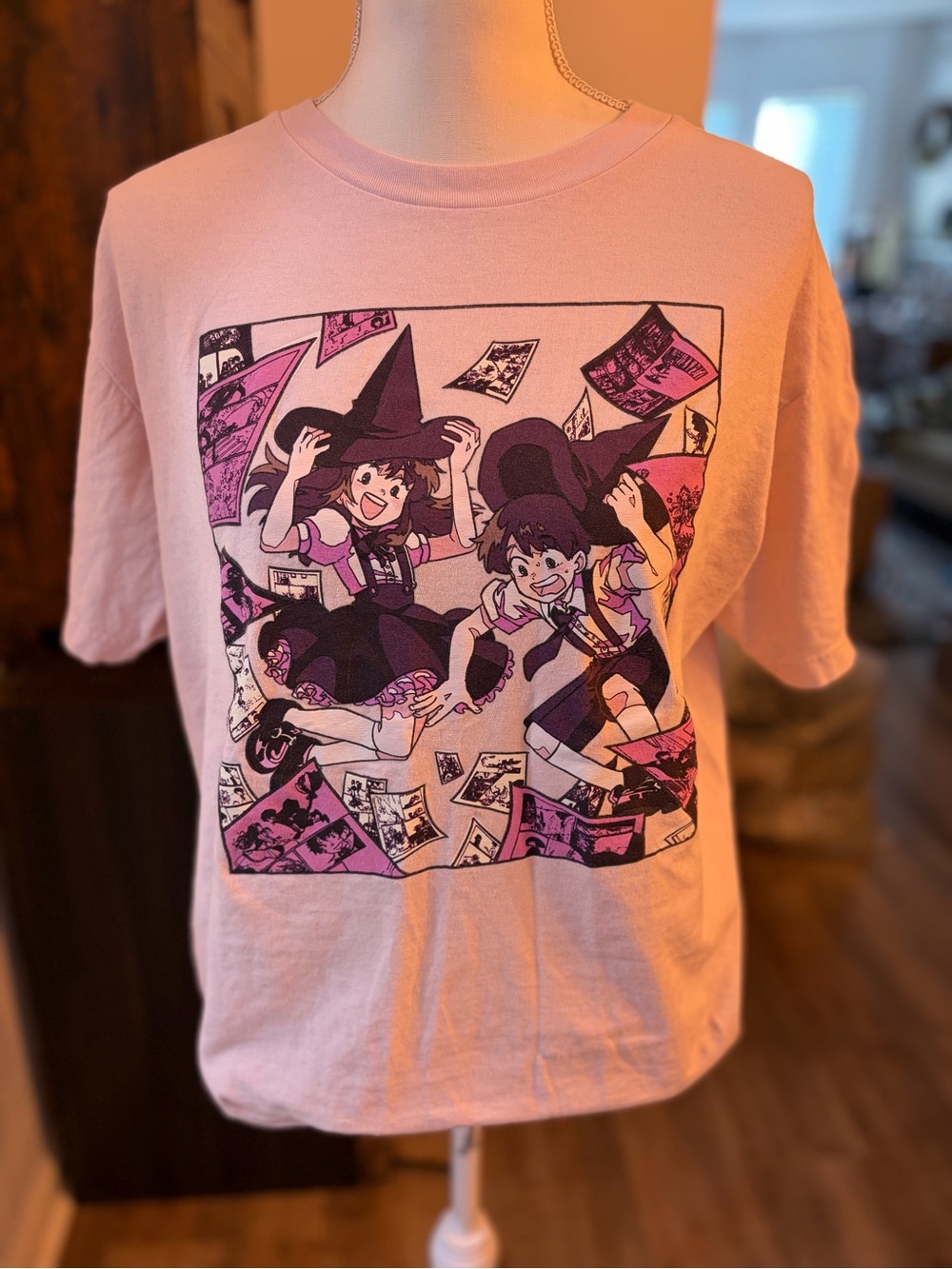 Pink Short Sleeve Graphic Tee with Anime Witch Print